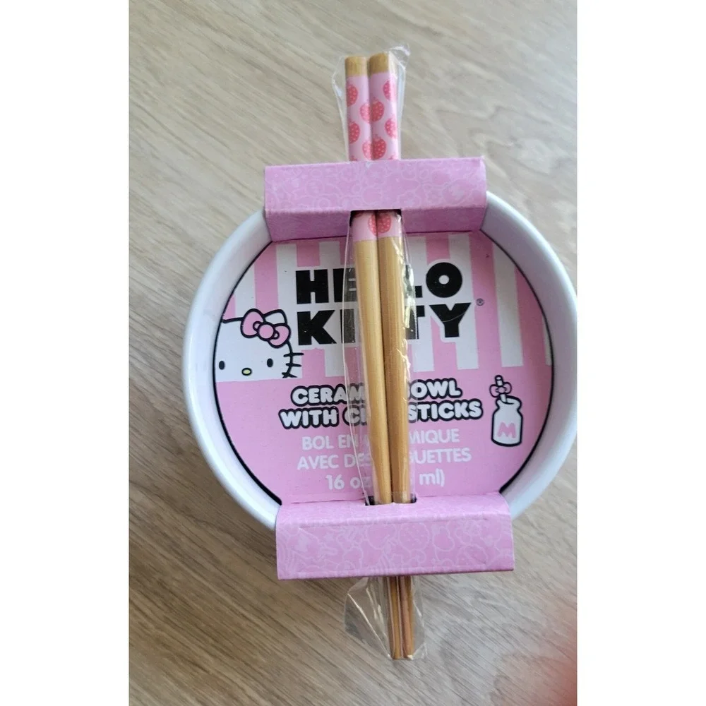 Hello Kitty Pink Strawberry Ramen Pasta Noodle Rice Bowl & Chopsticks Set‎ New
